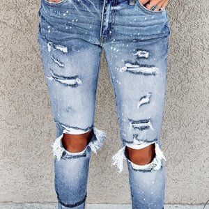Light Blue Distressed Straight Leg Jeans